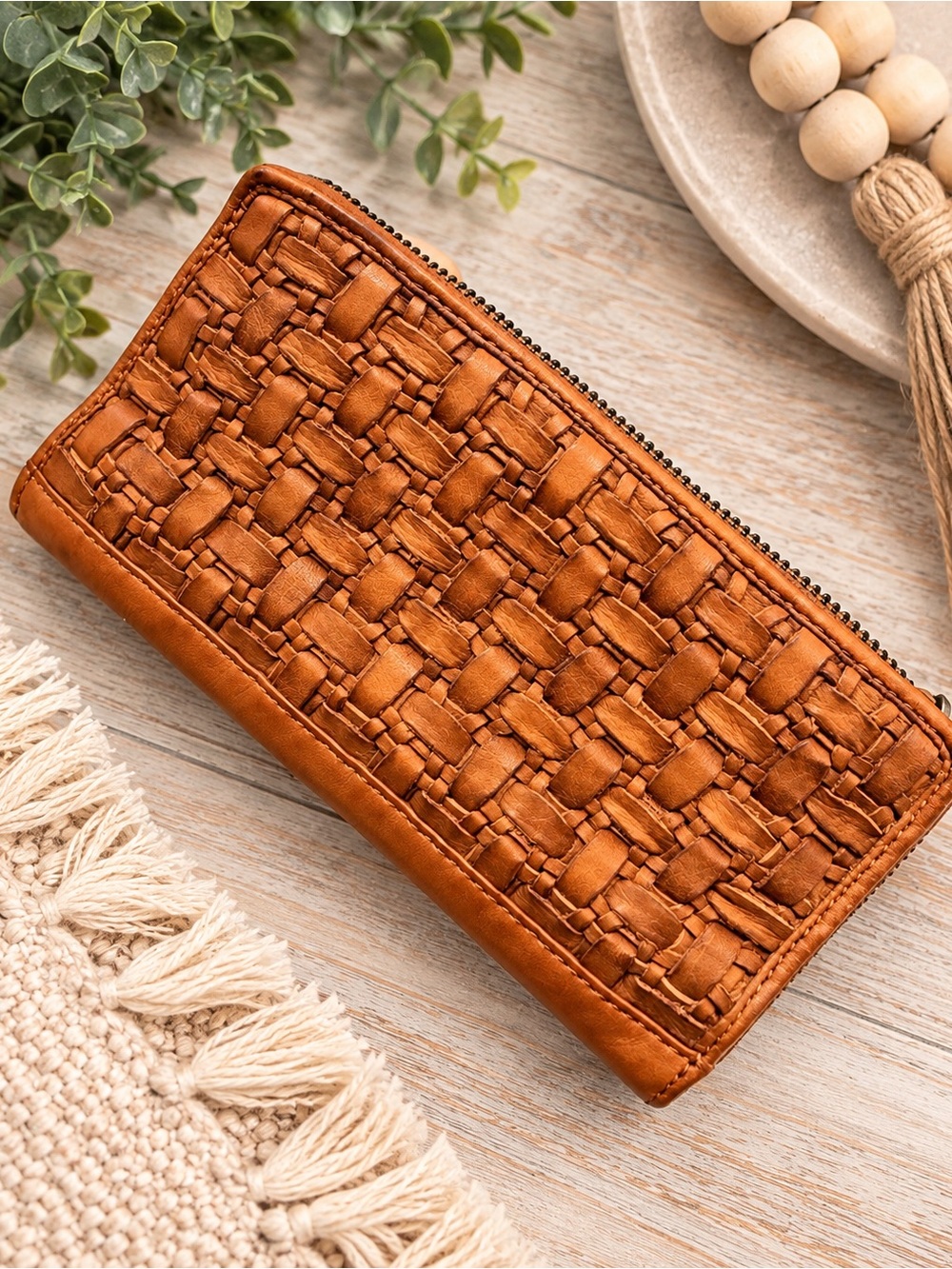 🤎 Cognac Woven Leather Zip-Around Wallet